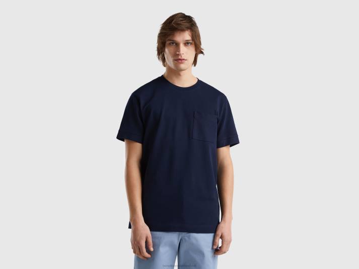 Heren Benetton T-shirt van 100% katoen met zak donkerblauw 4R621250