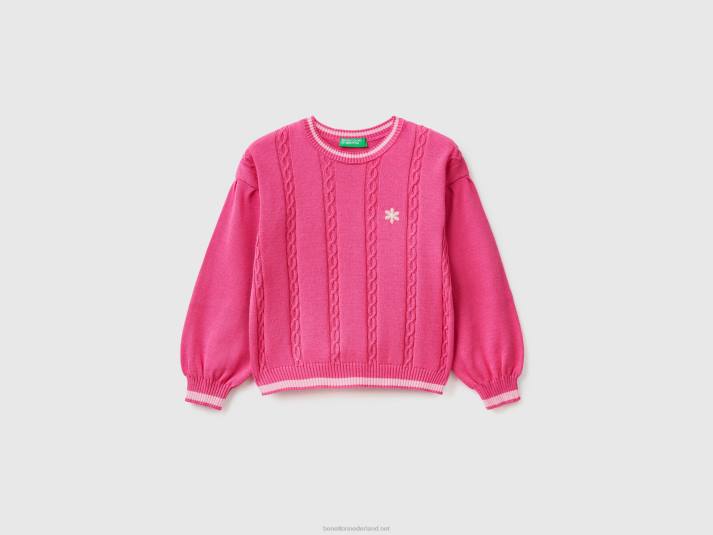 kinderen Benetton trui met kabels en geborduurde bloem fuchsia 4R626108