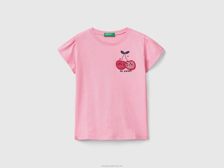 kinderen Benetton t-shirt met glitterprint en patch roze 4R622849