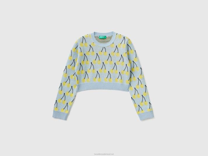 kinderen Benetton hemelsblauwe cropped sweater met kersenpatroon hemelsblauw 4R626097