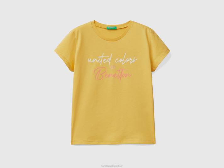 kinderen Benetton T-shirt met glitterlogo van biologisch katoen geel 4R625267