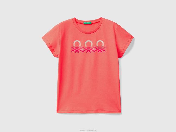 kinderen Benetton T-shirt met glitterlogo van biologisch katoen oranje koraal 4R625230