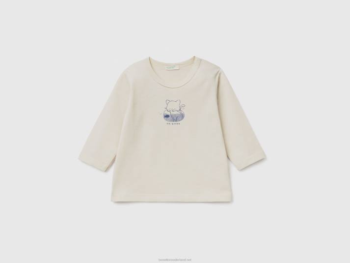 kinderen Benetton T-shirt met lange mouwen van biologisch katoen vanille 4R625790