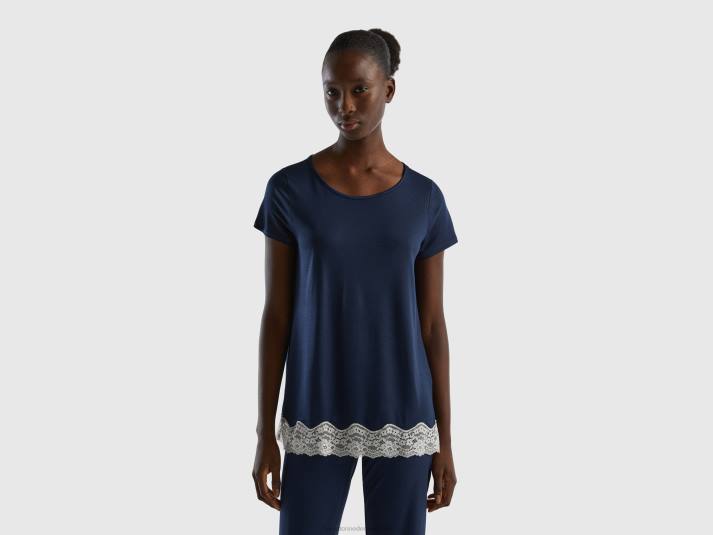 vrouwen Benetton soepel vallend T-shirt met korte mouwen en kant donkerblauw 4R624337