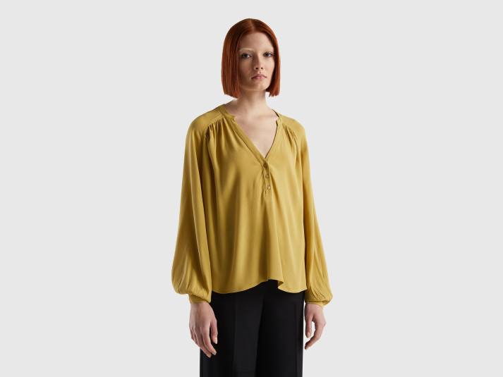 vrouwen Benetton 100% viscose blouse met lange mouwen mosterd 4R623953