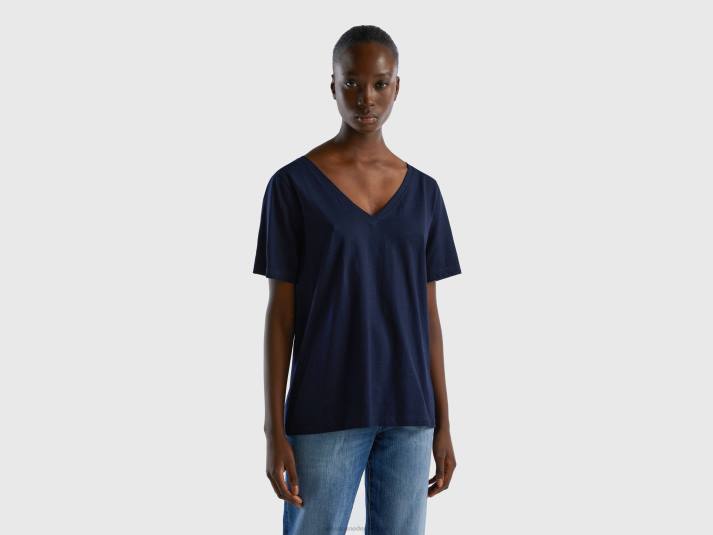 vrouwen Benetton T-shirt met v-hals van slubkatoen donkerblauw 4R623792