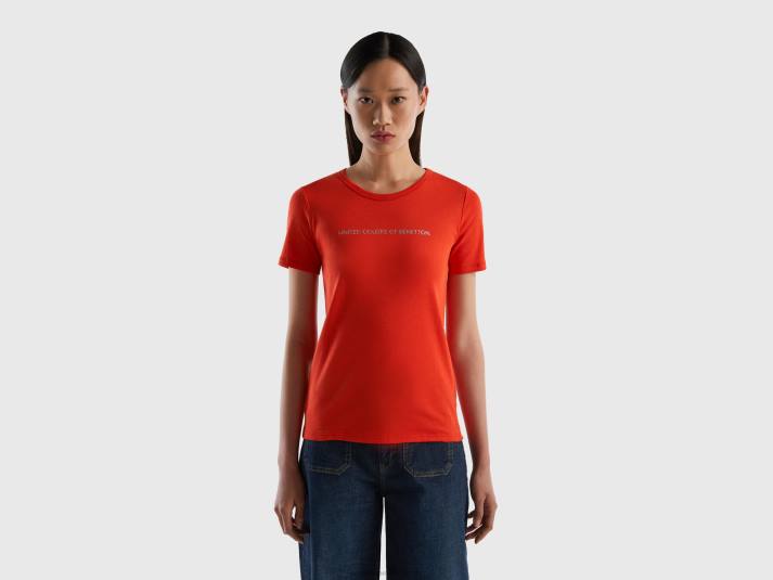 vrouwen Benetton t-shirt van 100% katoen met glitterlogoprint rood 4R62322