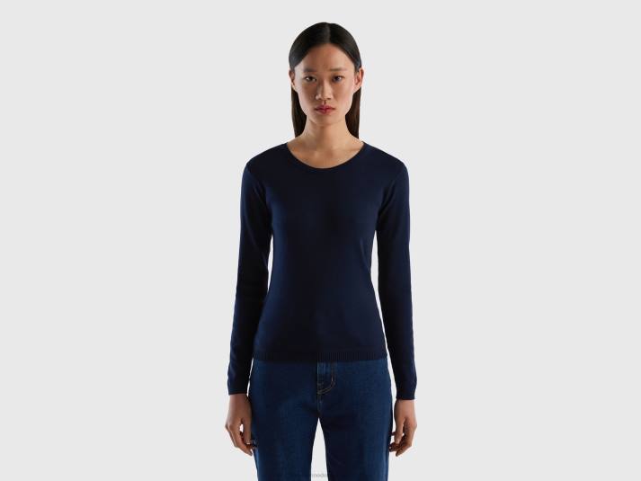 vrouwen Benetton trui met ronde hals van zuiver katoen donkerblauw 4R62202